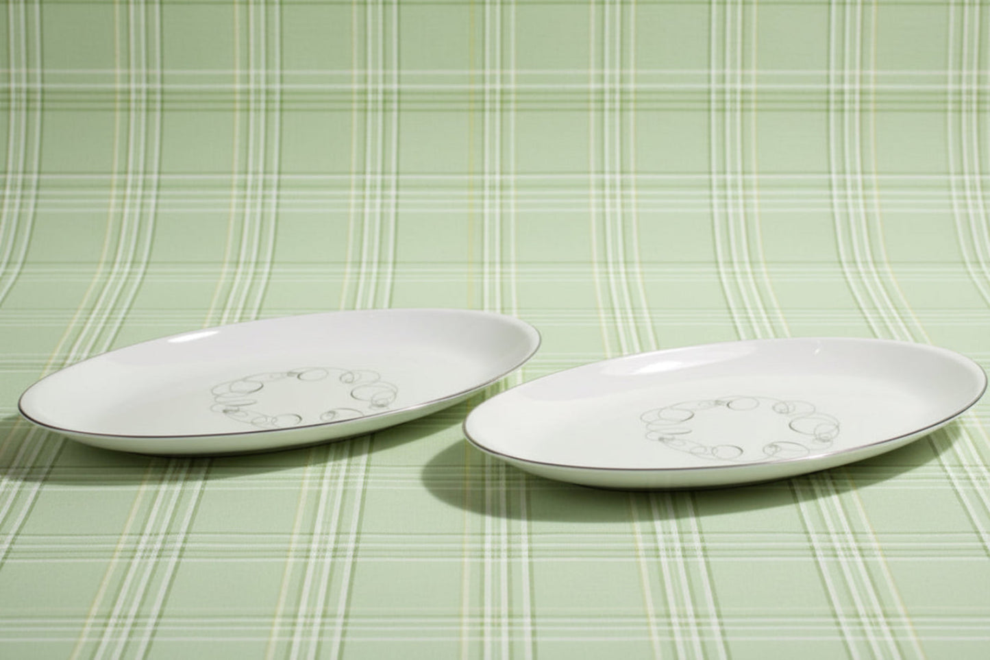 Vintage MCM Meito Japan Tempo Oval Serving Platters - Platinum Trim Atomic Swirl China. Set of 2.