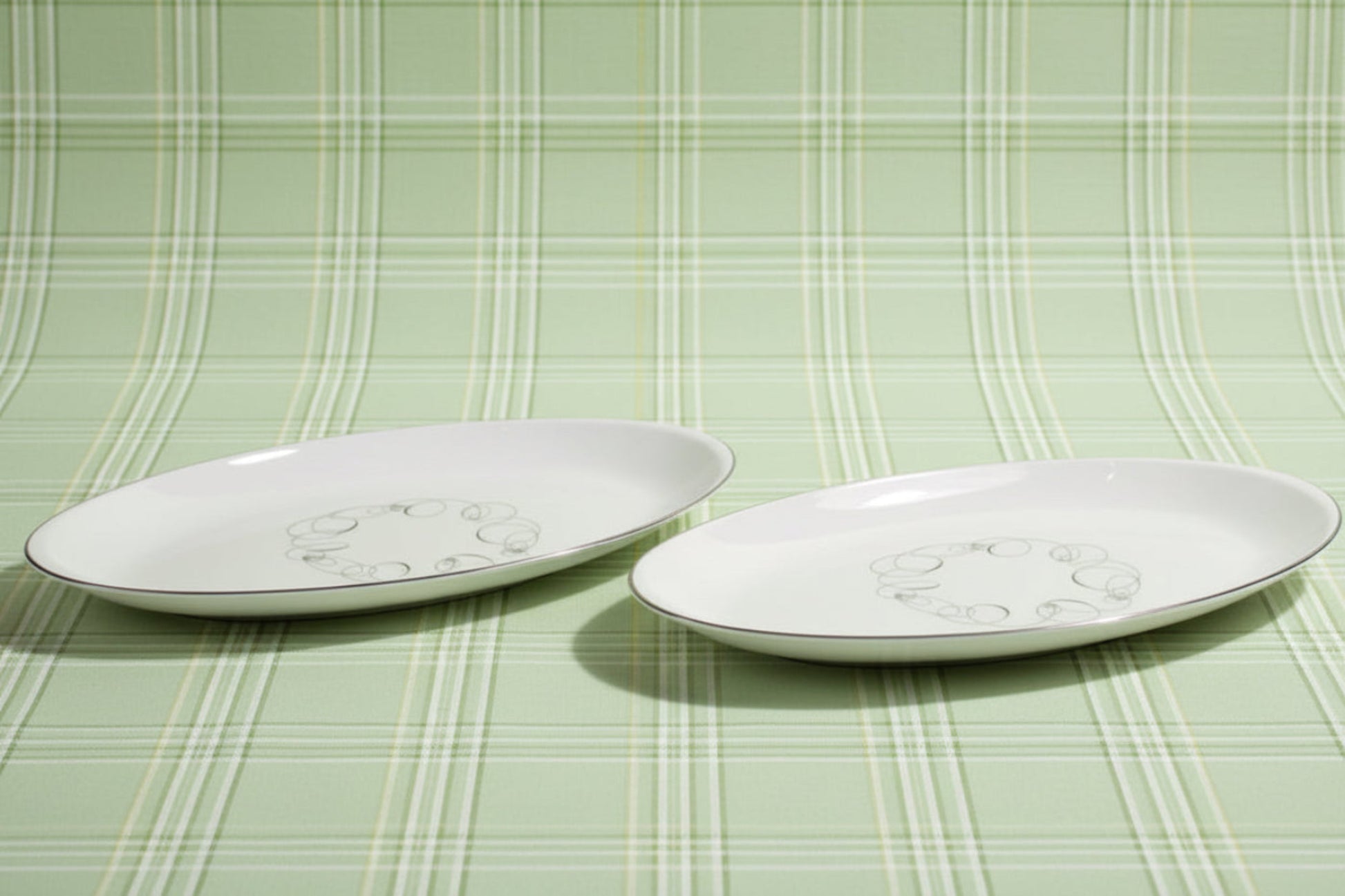 Vintage MCM Meito Japan Tempo Oval Serving Platters - Platinum Trim Atomic Swirl China. Set of 2.