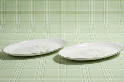 Vintage MCM Meito Japan Tempo Oval Serving Platters - Platinum Trim Atomic Swirl China. Set of 2.