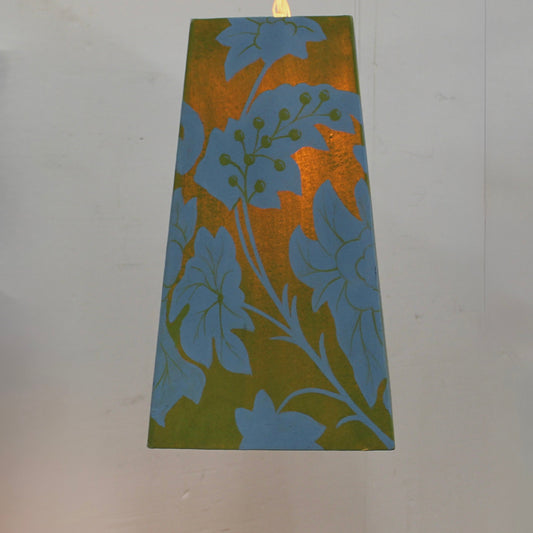 Vintage Mid-Century Modern Square Tower Swag Lamp - Blue & Green Floral Fabric Box Pendant.