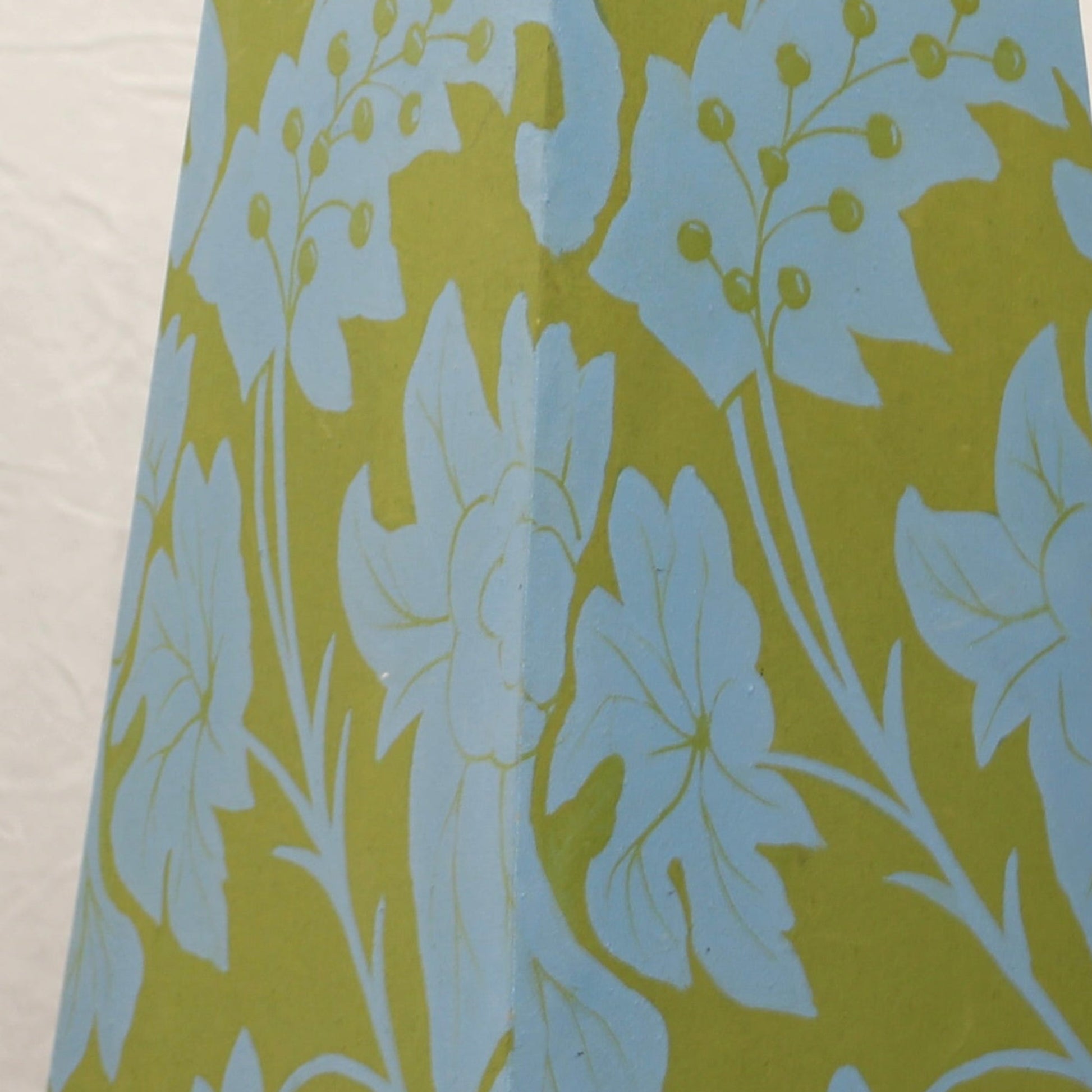 Vintage Mid-Century Modern Square Tower Swag Lamp - Blue & Green Floral Fabric Box Pendant.