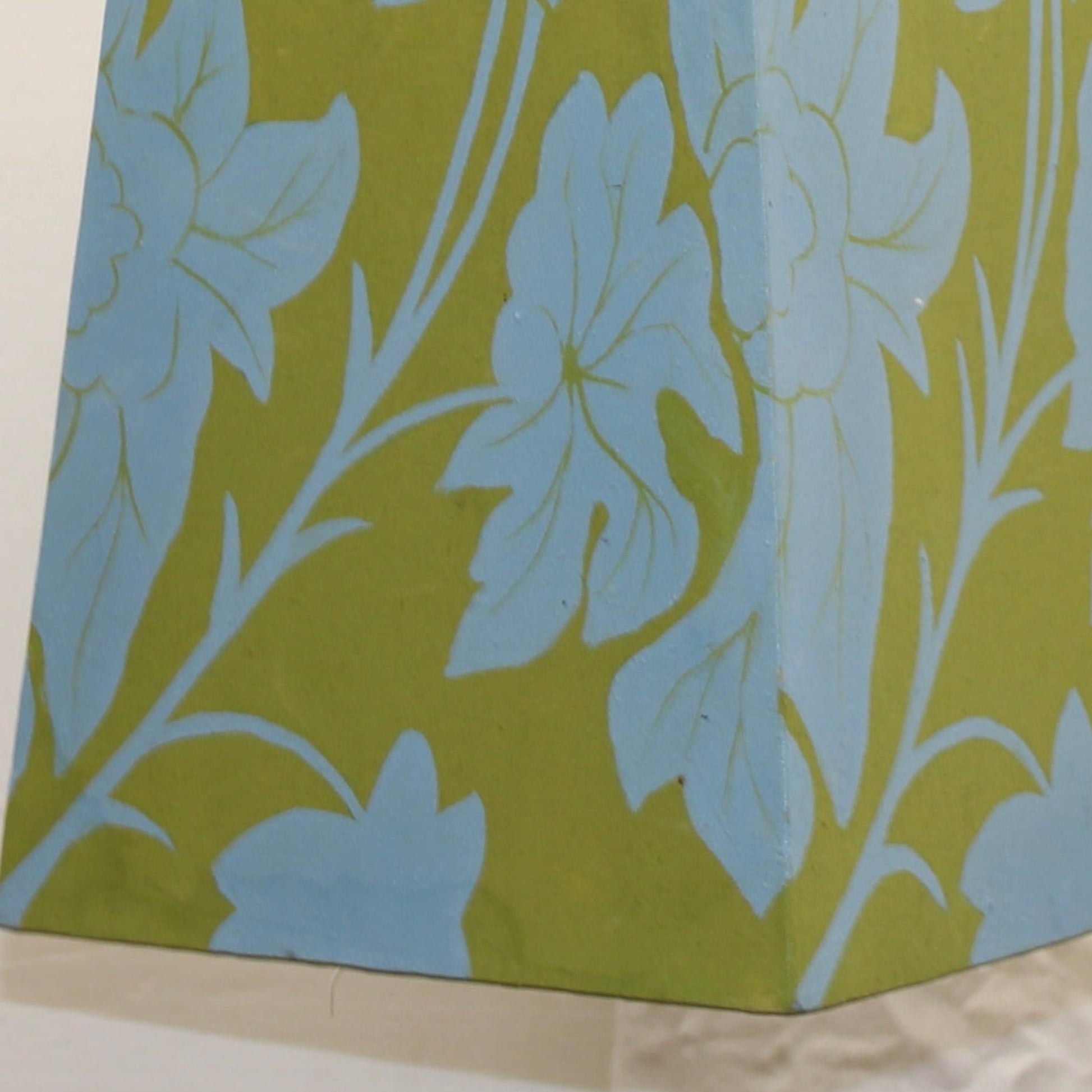 Vintage Mid-Century Modern Square Tower Swag Lamp - Blue & Green Floral Fabric Box Pendant.