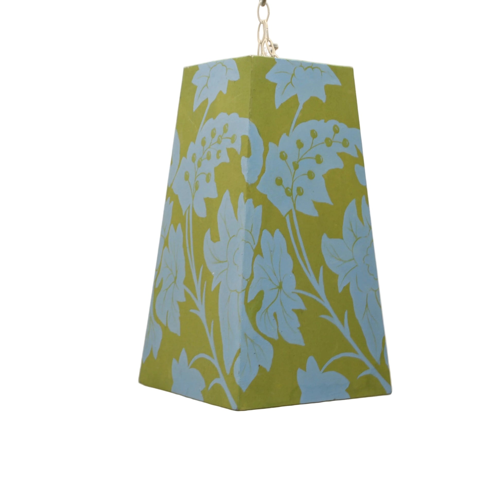 Vintage Mid-Century Modern Square Tower Swag Lamp - Blue & Green Floral Fabric Box Pendant