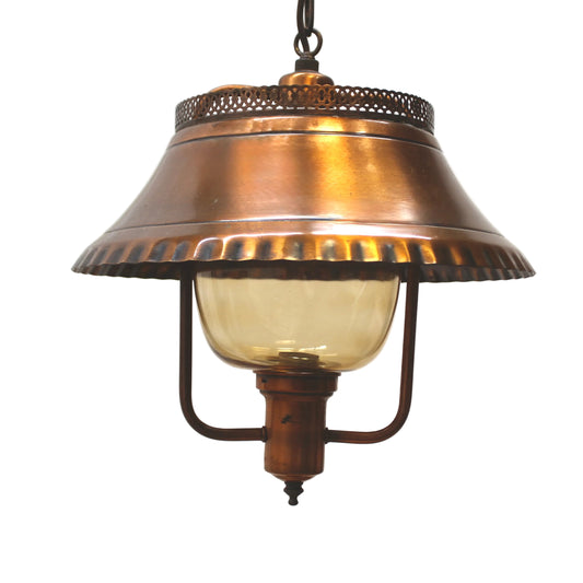 Vintage Moe Light Mid-Century Copper Lantern Pendant with Scalloped Shade & Amber Glass Globe. 