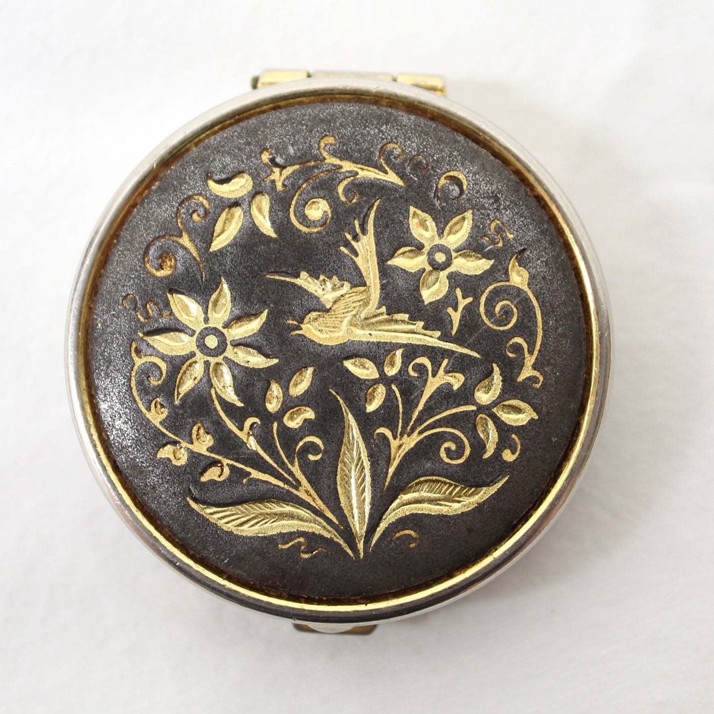 Vintage Spanish Damascene Pill Box – Hand-Inlaid Gold Bird & Floral Design. 