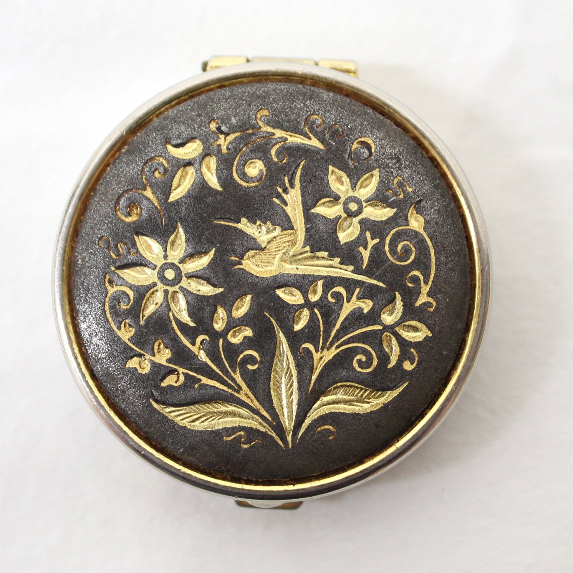 Vintage Spanish Damascene Pill Box – Hand-Inlaid Gold Bird & Floral Design. 