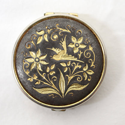 Vintage Spanish Damascene Pill Box – Hand-Inlaid Gold Bird & Floral Design. 
