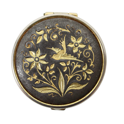 Vintage Spanish Damascene Pill Box – Hand-Inlaid Gold Bird & Floral Design