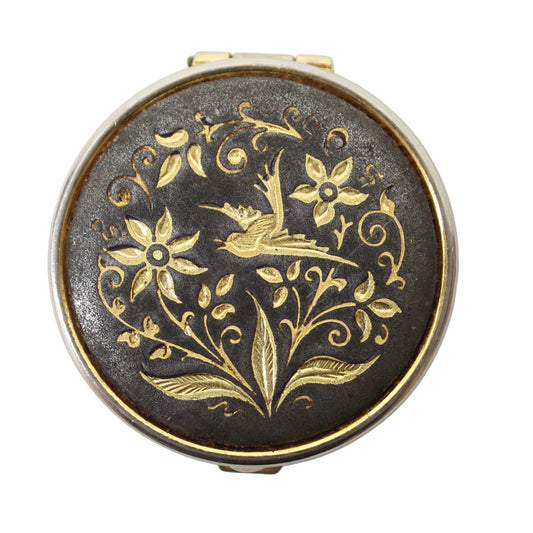 Vintage Spanish Damascene Pill Box – Hand-Inlaid Gold Bird & Floral Design