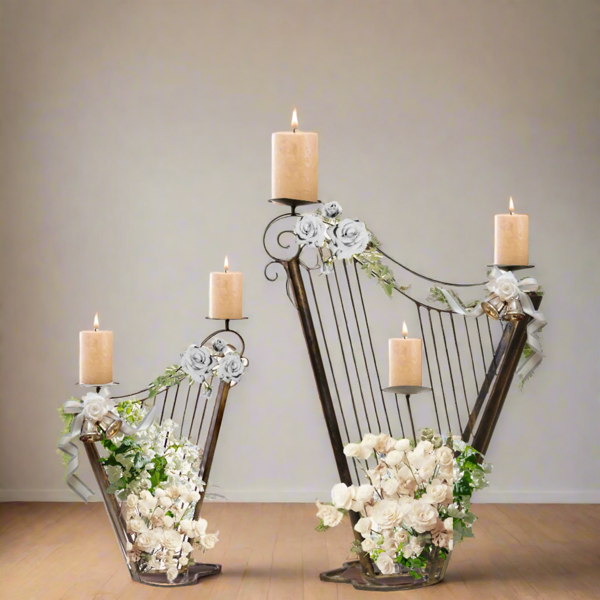 Vintage Wrought Iron Harp Candle Holder Stands | Pair