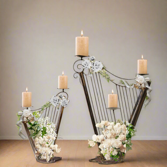 Vintage Wrought Iron Harp Candle Holder Stands | Pair
