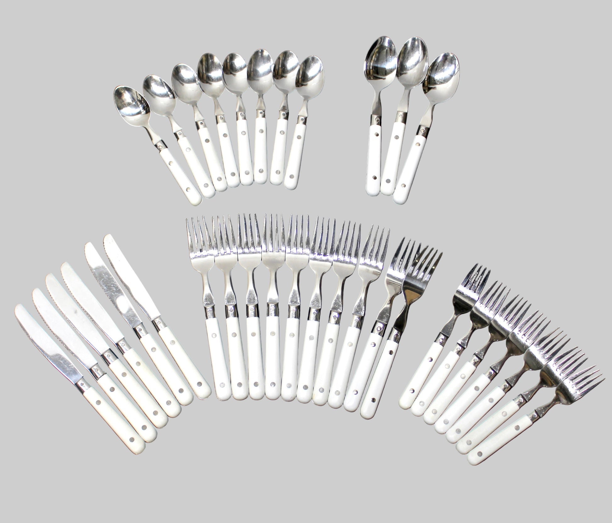 34 pc. Vintage White Riveted Handle Flatware