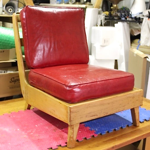 Wood Slipper  Chair with Red Vinyl Cushions