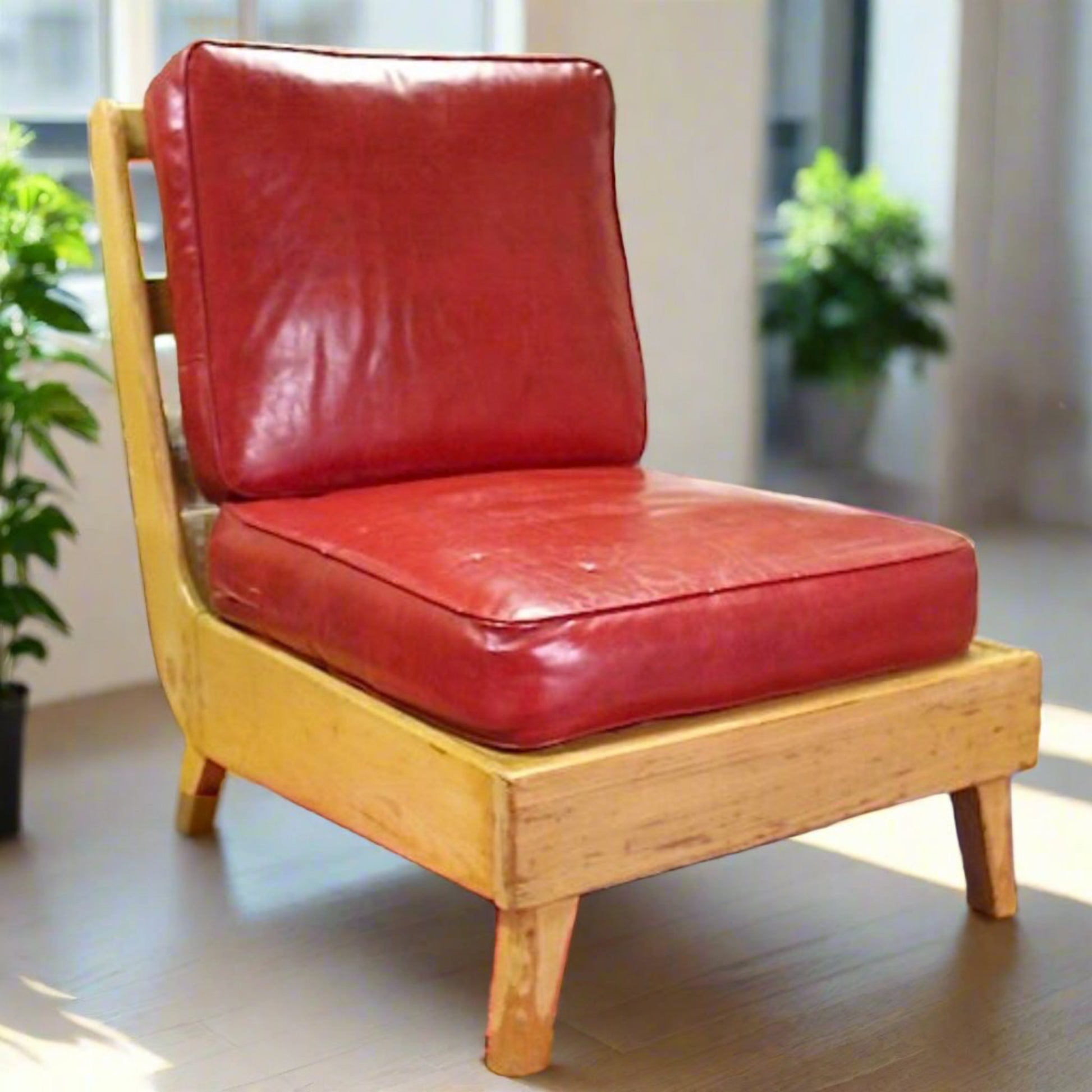 Wood Slipper  Chair with Red Vinyl Cushions