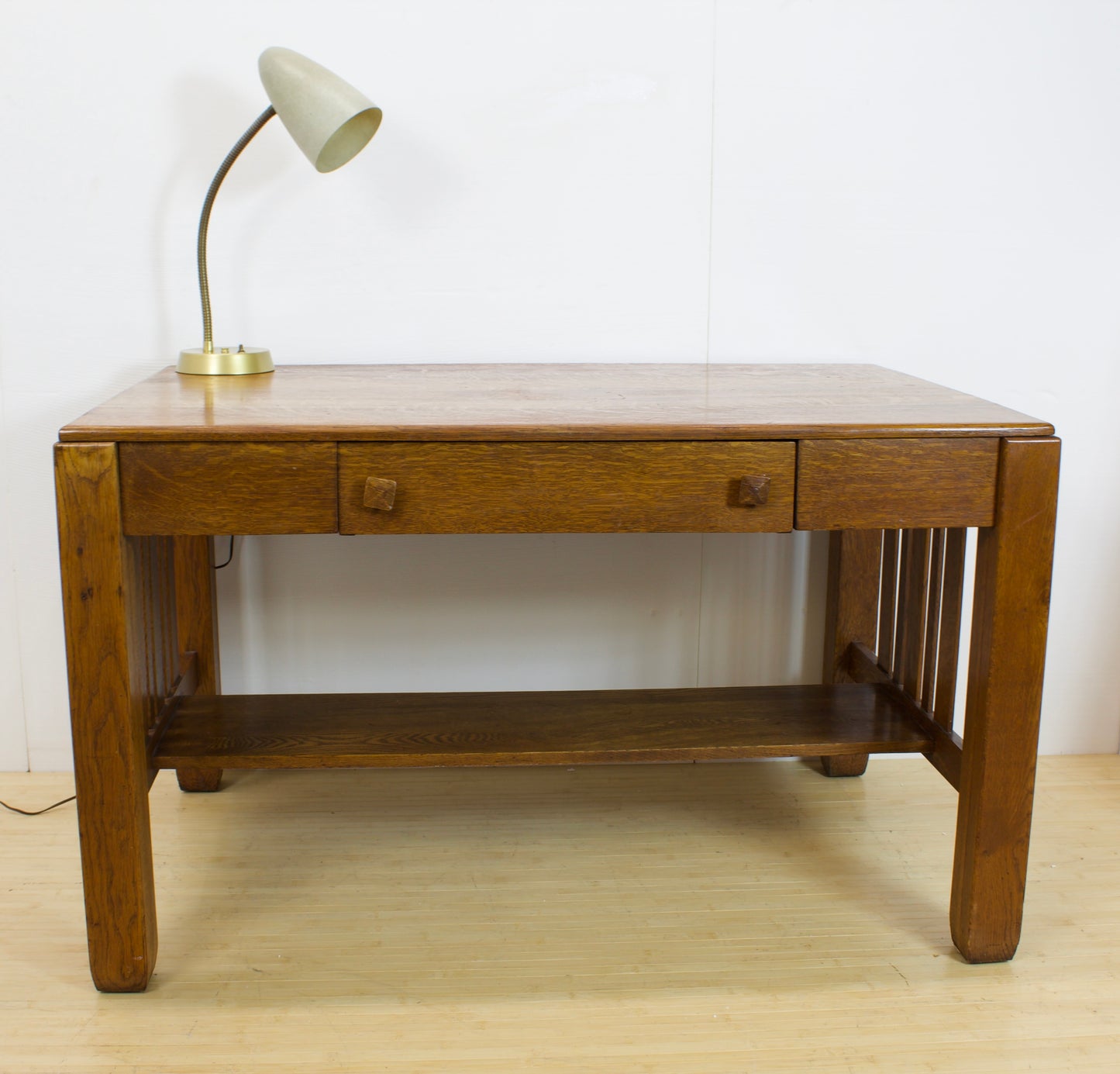 Solid Oak Mission-Style Library Desk with Vintage cone Desk Lamp