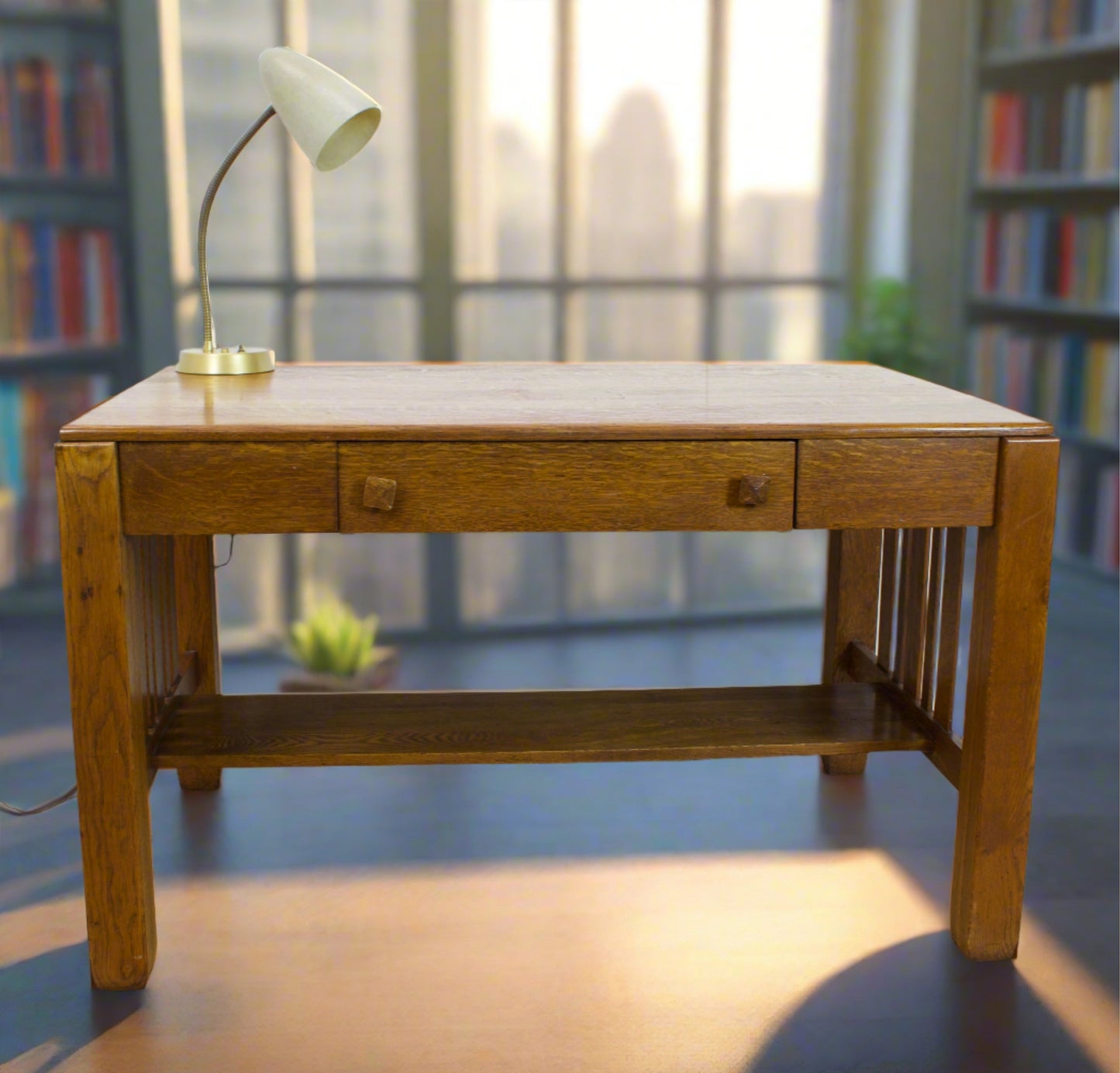 Solid Oak Mission-Style Library Desk with Vintage cone Desk Lamp