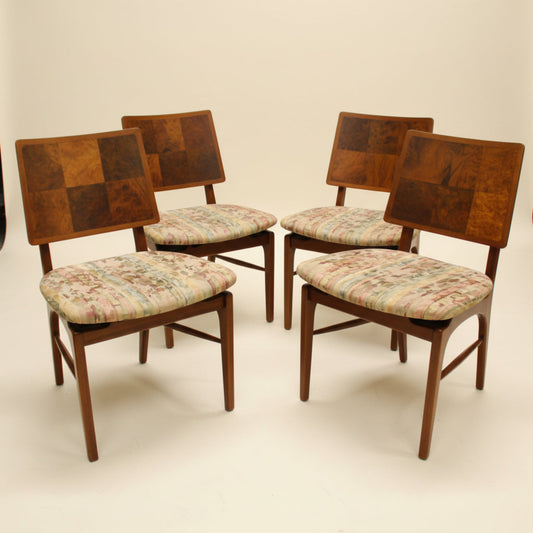 f 4 Mid-Century Modern Burlwood Dining Chairs – 1960s Sculpted Teak & Walnut