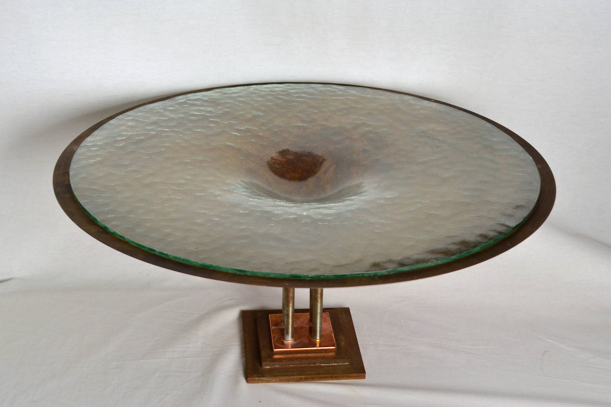 Monumental Vintage Copper Pedestal Bowl with Texture Glass from OffCenterModern