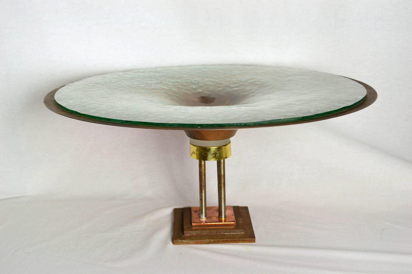 Monumental Vintage Copper Pedestal Bowl with Texture Glass from OffCenterModern
