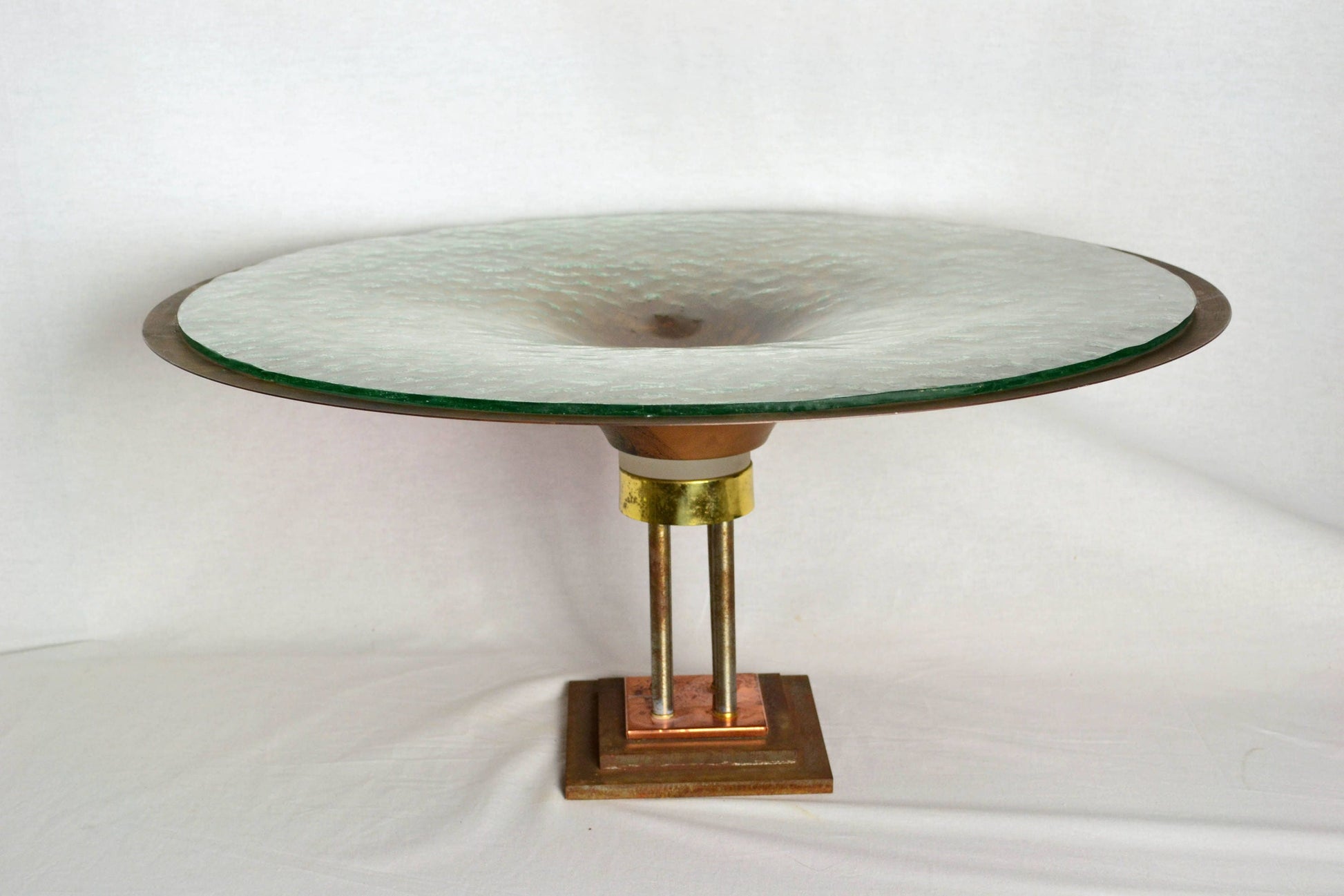 Monumental Vintage Copper Pedestal Bowl with Texture Glass from OffCenterModern
