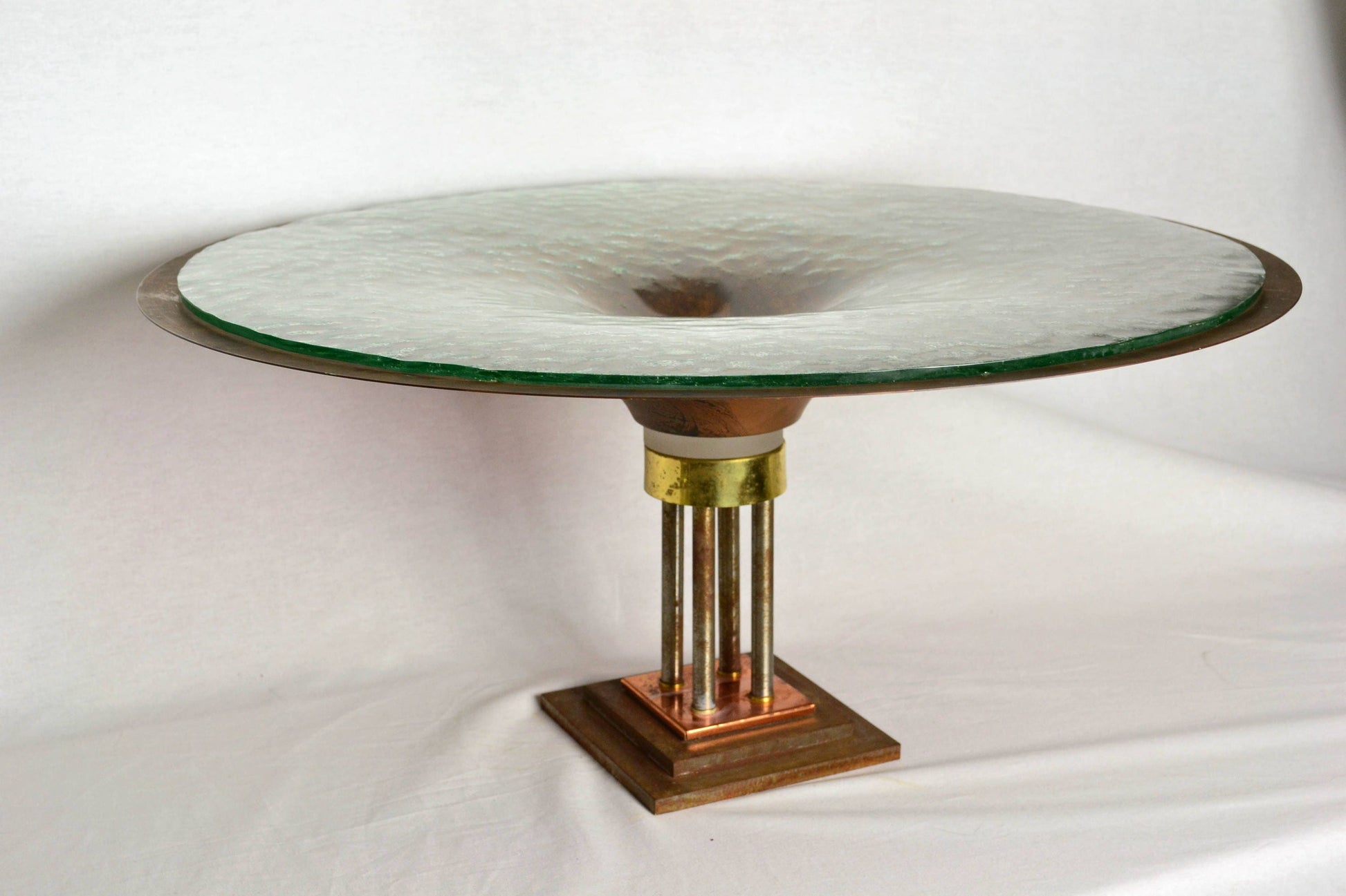 Monumental Vintage Copper Pedestal Bowl with Texture Glass from OffCenterModern