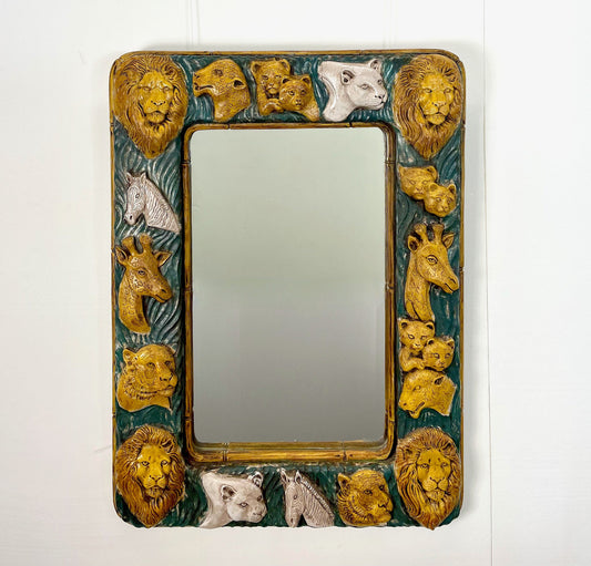 Mirror framed with carved lions, tigers, giraffes, zebras, cougar, mountain lion,Large mirror