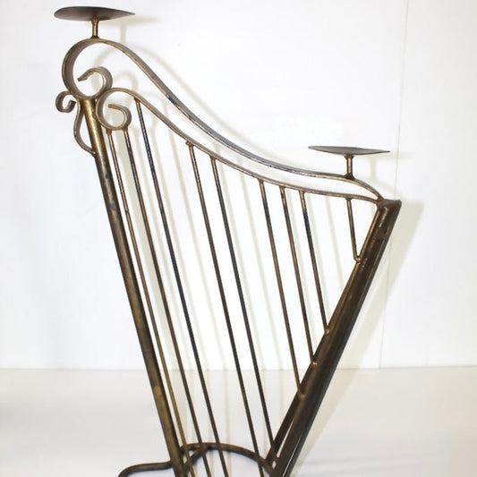 Pair 1950s Wrought Iron Harp Candle Holder Stands - OffCenterModern