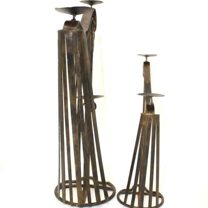 Pair 1950s Wrought Iron Harp Candle Holder Stands - OffCenterModern