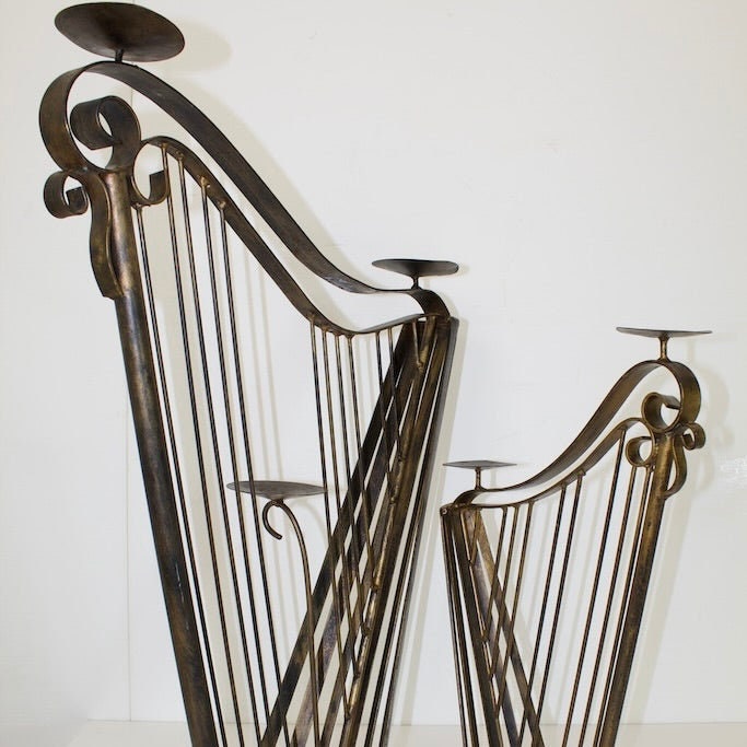 Pair 1950s Wrought Iron Harp Candle Holder Stands - OffCenterModern