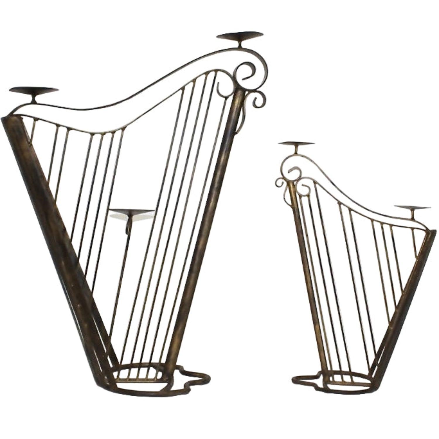 Pair 1950s Wrought Iron Harp Candle Holder Stands - OffCenterModern