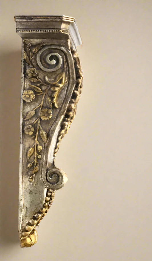 Pair Large Ornate Acanthus Gold Corbel Wall Shelves - OffCenterModern