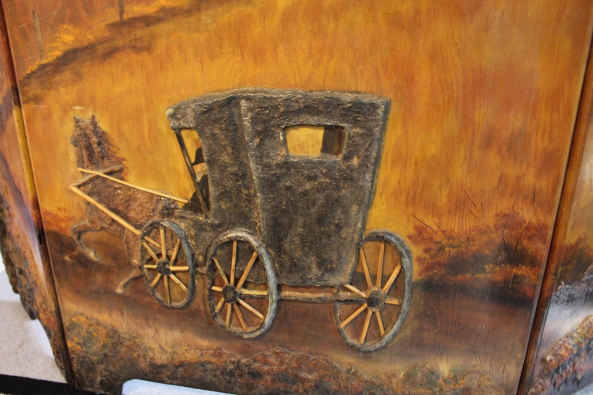 Antique Hand Painted Wood Fireplace Screen | Countryside Horse & Buggy - OffCenterModern