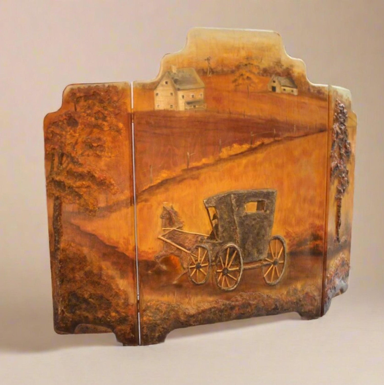 Antique Hand Painted Wood Fireplace Screen | Countryside Horse & Buggy - OffCenterModern