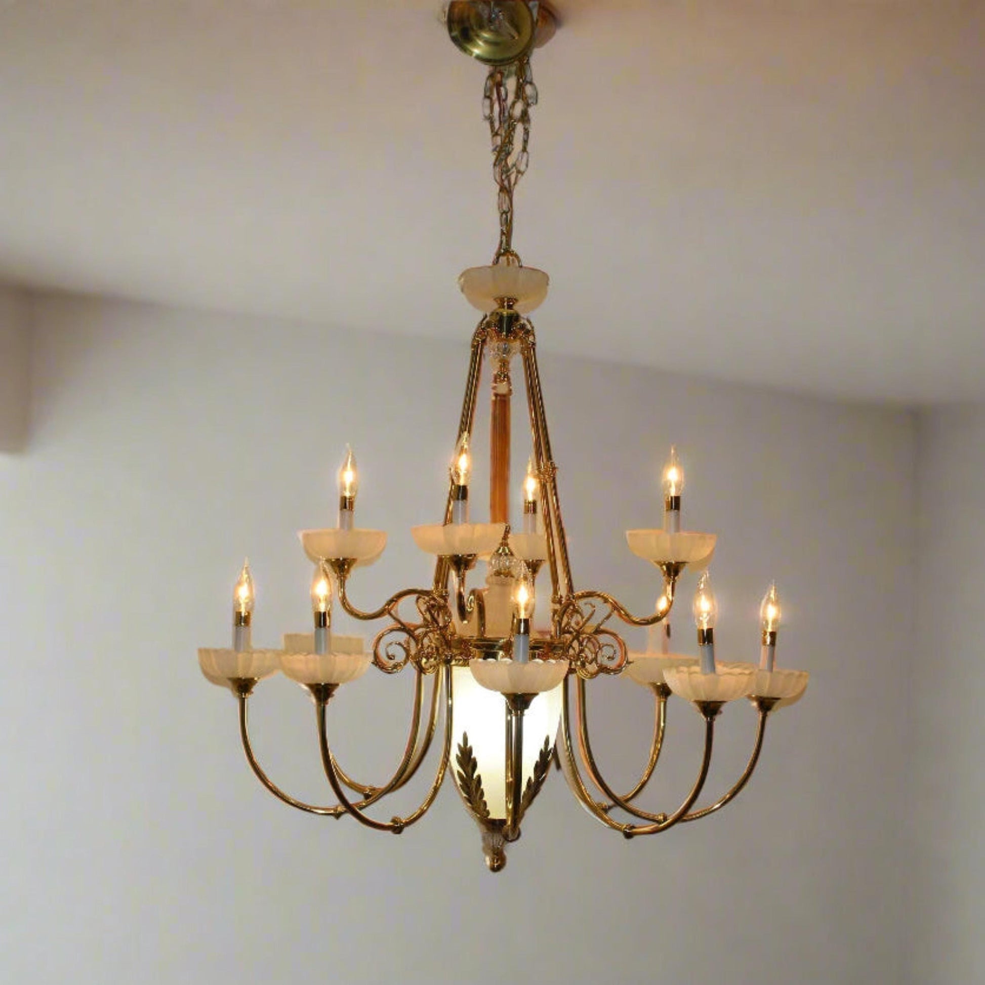 Georigan-Style Polished Brass 12-Arm Chandelier