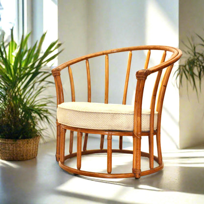 Vintage Barrel Back Rattan Armchair with Cushion