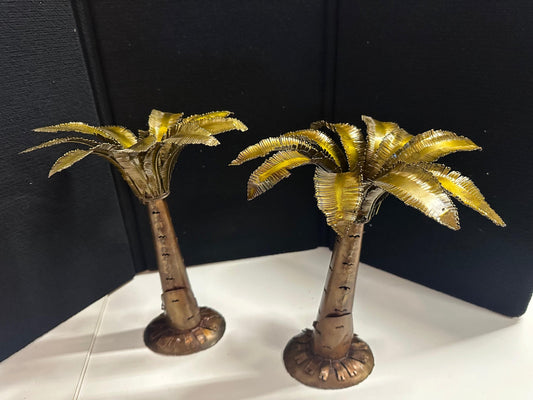 PAIR Bronze Pierced Palm Tree Candle Holders | Light Up Tree Trunk
