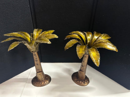 PAIR Bronze Pierced Palm Tree Candle Holders | Light Up Tree Trunk