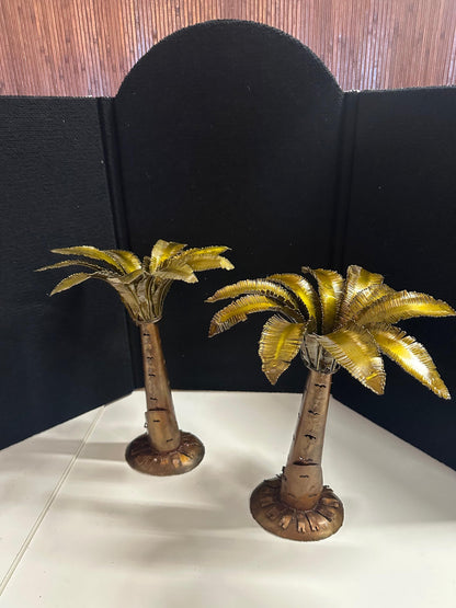 PAIR Bronze Pierced Palm Tree Candle Holders | Light Up Tree Trunk