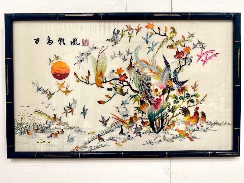 Vintage Chinoiserie Silk Wall Art Embroidery | &quot;One Hundred Birds&quot; Peacock