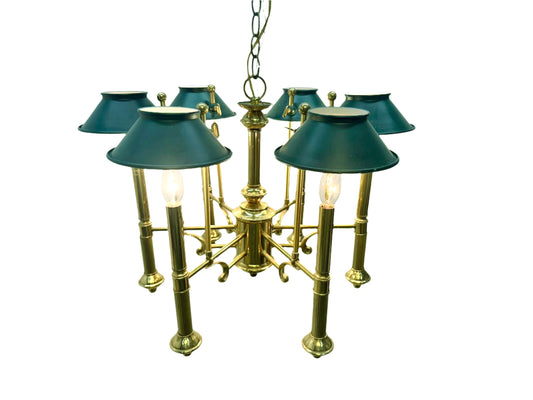 6 Arm Brass Chandelier with Green Shades
