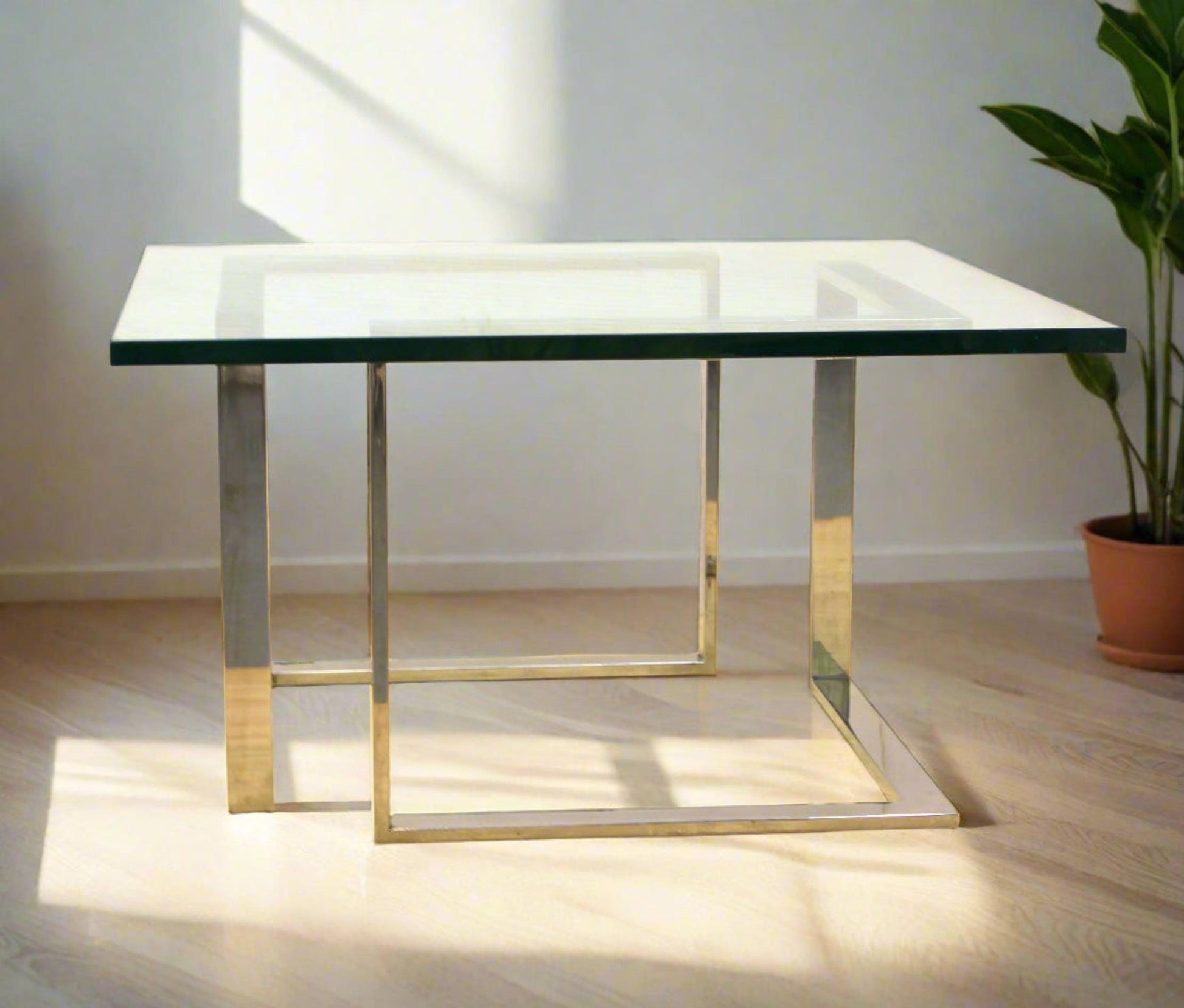 Vintage Thick Square Glass and Steel Coffee Table