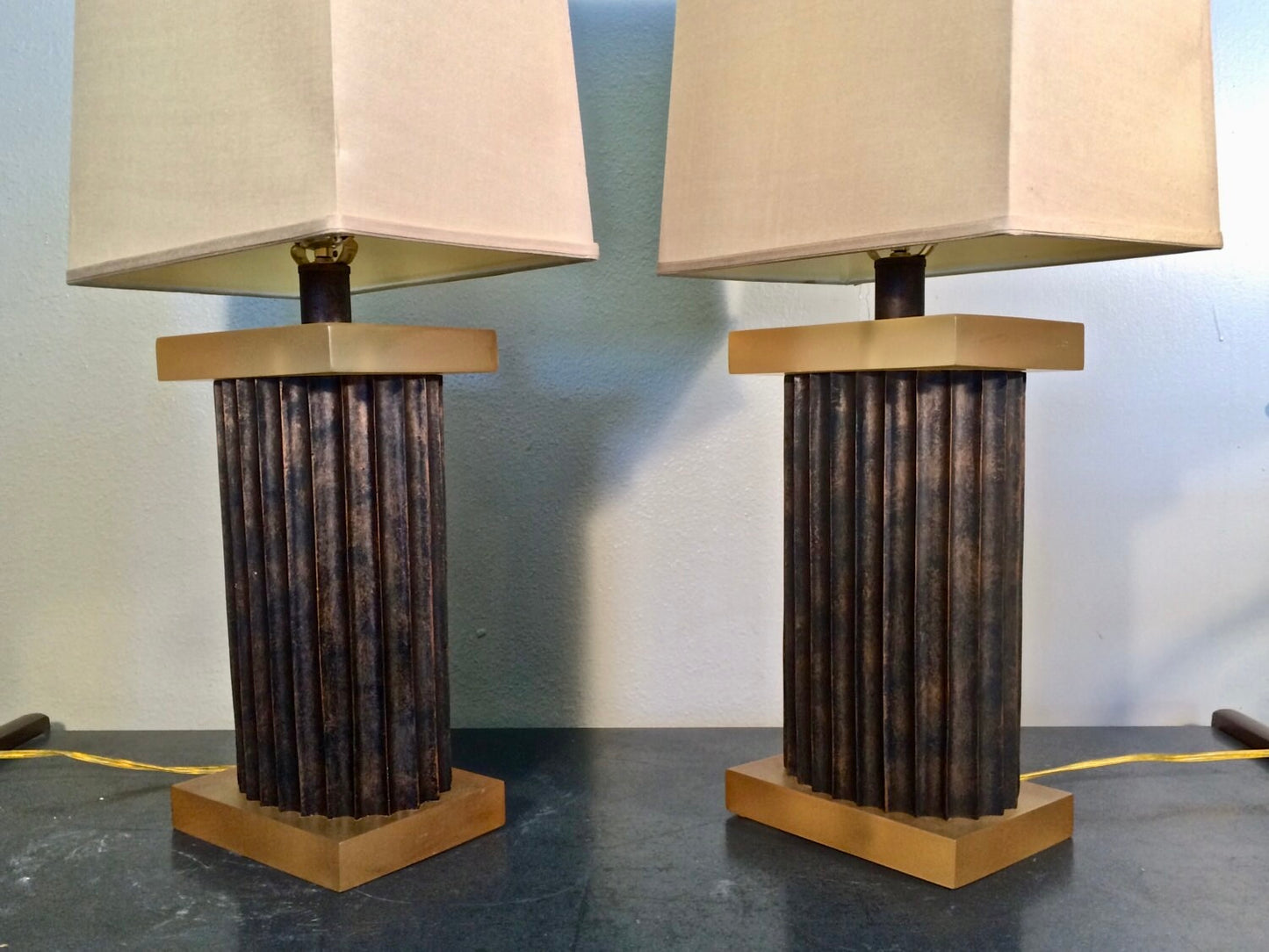Pair Large Fluted Block Table Lamps