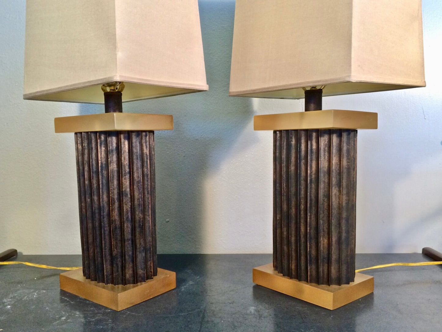 Pair Large Fluted Block Table Lamps