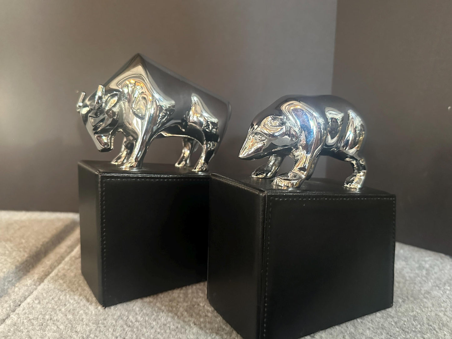 Polished Chrome Bull and Bear Bookends Paperweights Wall Street from OffCenterModern