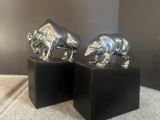 Polished Chrome Bull and Bear Bookends Paperweights Wall Street from OffCenterModern