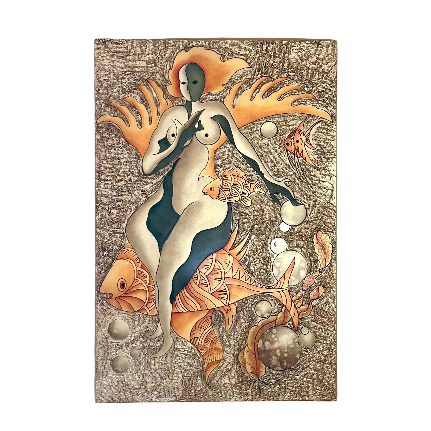 Large Surreal Painting of Sea Goddess Fish and Bubbles OffCenterModern