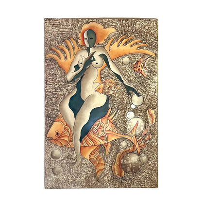 Large Surreal Painting of Sea Goddess Fish and Bubbles OffCenterModern