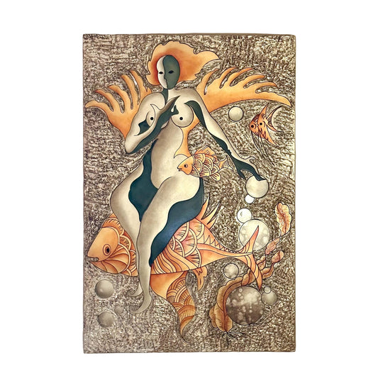 Large Surreal Painting of Sea Goddess Fish and Bubbles OffCenterModern