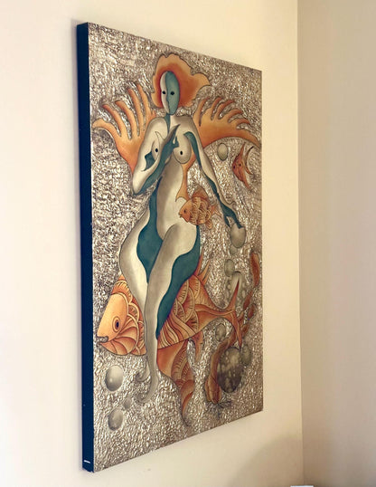 Large Surreal Painting of Sea Goddess Fish and Bubbles from OffCenterModern