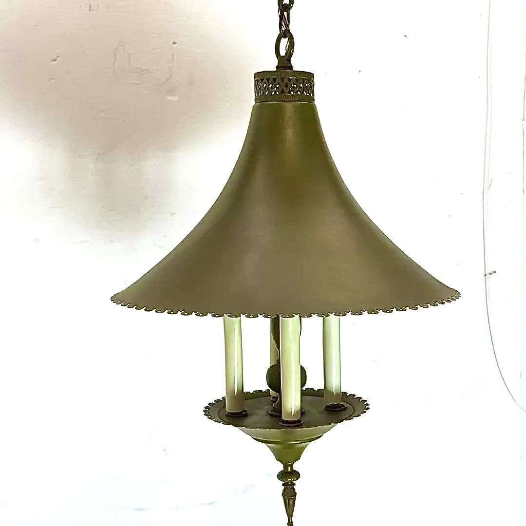 1950s Olive Green Lighting Fixture with Witch Hat Shade | The Feldman Co
